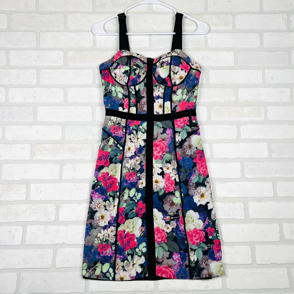 Rebecca Minkoff Floral Bustier Dress Black Pink Blue Rose Paneled Bodycon Size 4